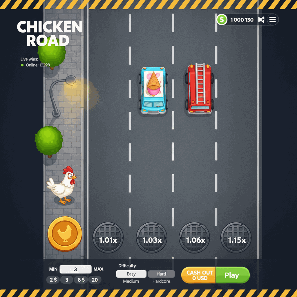 Chicken Road Crash-Spiel von InOut: Huhn überquert mehrspurige Straße mit Multiplier-Anzeige, Einsatzsteuerung und Schwierigkeitsgraden. Provably Fair Instant-Game mit bis zu 30 Spuren und maximalem Gewinn von 20.000.