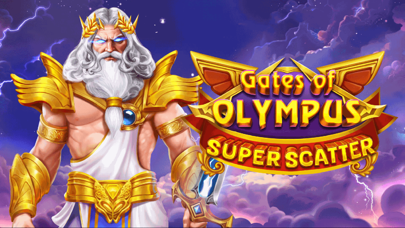 Zeus mit silbernem Haar und goldener Rüstung schwebt über rosa und violetten Wolken des Olymp neben dem Walzenfeld von Gates of Olympus Super Scatter mit lila Feder, grünem Dreieck und Super-Scatter-Symbol
