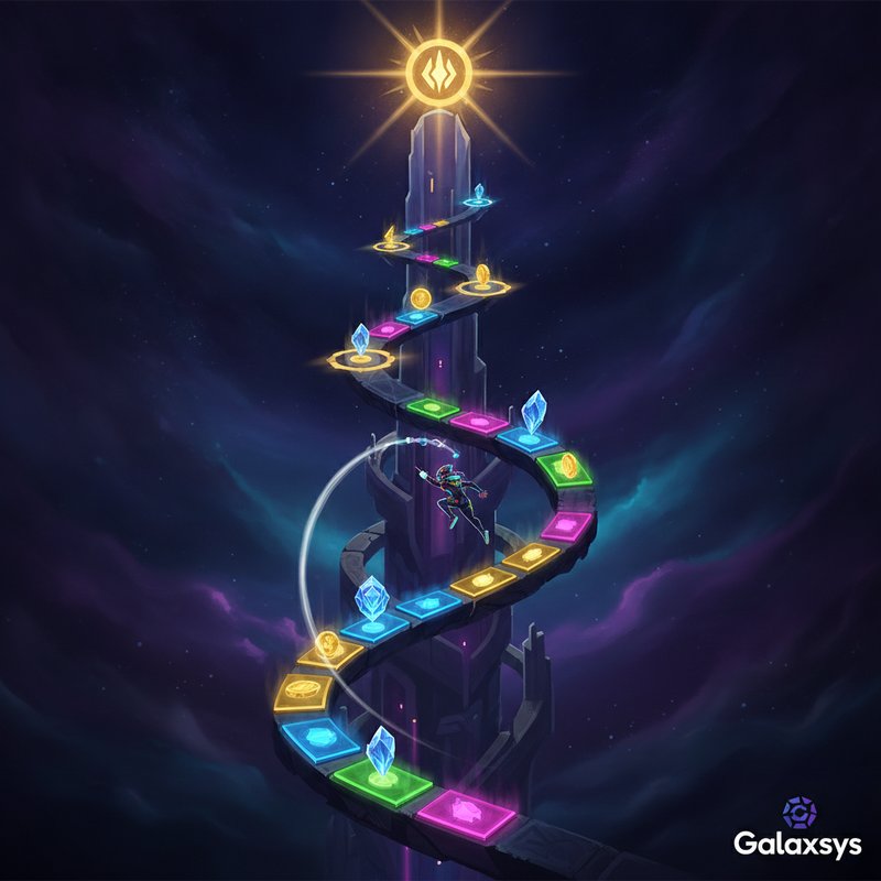 Tower Rush Slot von Galaxsys - Vertikales Turm-Kletterspiel mit Multiplikator-Ebenen, leuchtenden Neonfarben und strategischen Entscheidungspunkten auf jedem Level